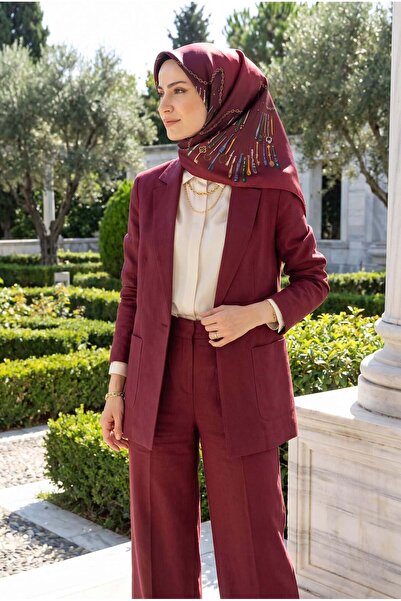 Vissona 100% twill silk chain patterned burgundy color 90x90 scarf sewing met...