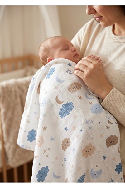Caline Baby غطاء قماش موسلين بنمط السحابة الزرقاء 120×120 سم + 4 مناديل مبللة...