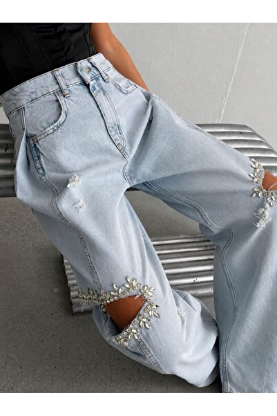 HerTon Pantaloni de damă din denim cu picior larg, cu detalii rupte și broder...