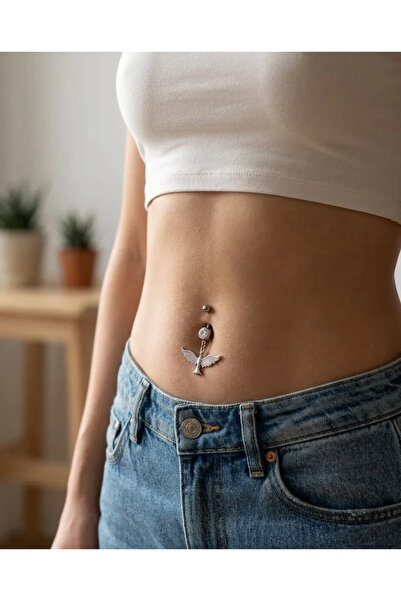 Siya Silver Zirkon Taşlı Kuş Figürlü Cerrahi Çelik Göbek Piercingi - 4 cm
