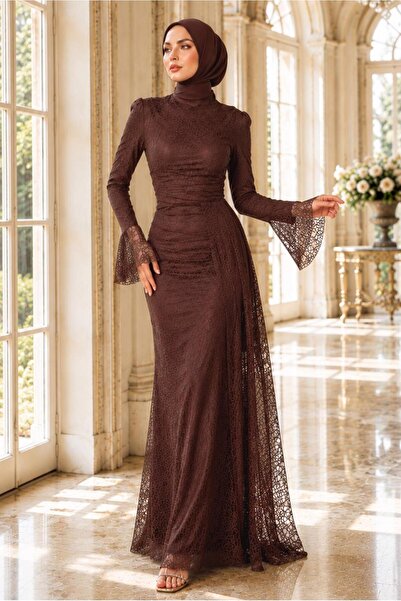 TRENDTESETTÜR KADIN KAHVE DANTELLİ ABİYE ELBİSE T 1326