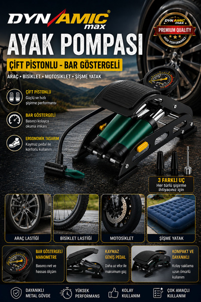 DYNAMİC MAX 890P Çift Piston 160 Psi Bisiklet Motor Tekeri Şişme Havuz El ve ...