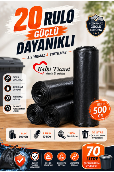 Kalbi Ticaret Kalın Çöp Torbası 500 gr X 20 Rulo Siyah Çöp Poşeti 80x110 Cm J...