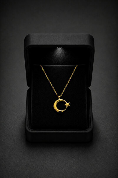 ÇEKİRDEK JEWELRY Işıklı Hediye Kutulu 925 Ayar Gümüş Ay Yıldız Kolye – Gold K...