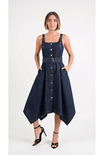 Caddebostan Moda Kadın Düğmeli Kemerli Asimetrik Kesim Jean Elbise