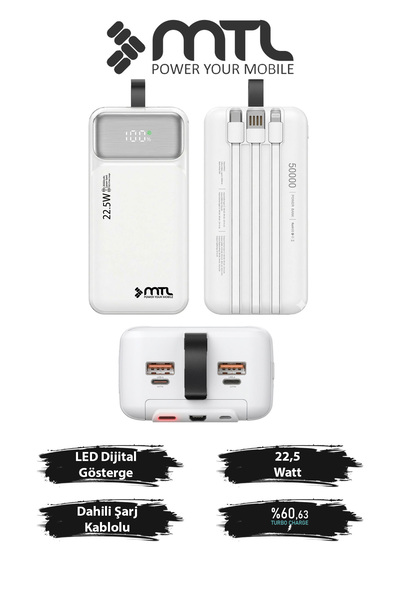 MTL 50000 mAh 22.5W Süper Hızlı Şarj Dahili Kablolu Dijital Led Göstergeli Po...