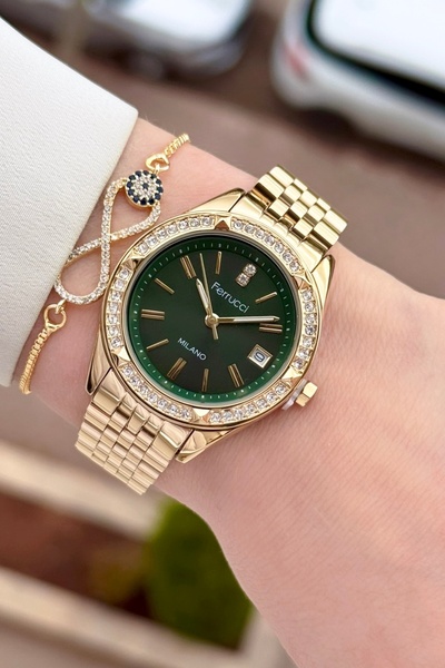 Ferrucci Dial Green Band Gold Color 34 mm Women's Wrist Watch and Bracelet
