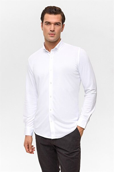 SÜVARİ Beyaz Slim Düğmeli Yaka Manşetli Casual Gömlek