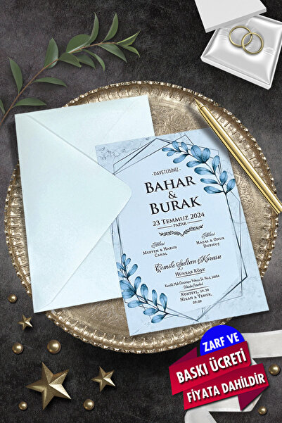 Cem Davetiye Düğün Nişan Nikah Kına Davetiyesi 7060 (100 ADET) Baskı Dahil