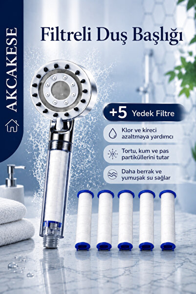 AKCAKESE Filtreli Duş Başlığı 5 Yedek Filtre | Su Arıtmalı, Klor Ve Kireç Önl...