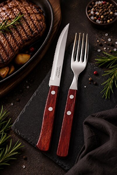 Pinkev Tramontina 6 Kişilik 12 Parça Polywood Saplı Steak Et Biftek Pizza Çat...