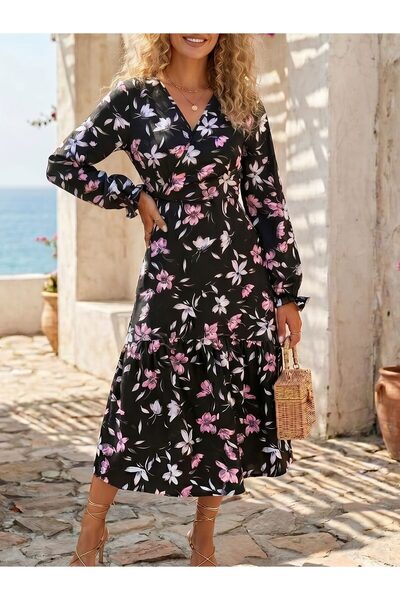 Iuliashop Rochie midi neagră cu imprimeu floral Dara - S