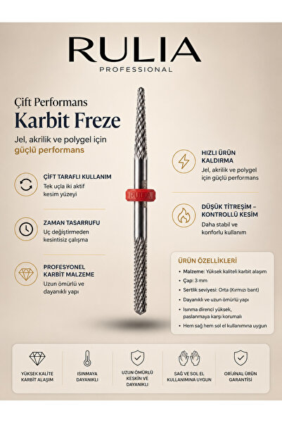 Rulia Professional Kırmızı Çift Taraflı Karbit Tırnak Freze Ucu Kontrollü Jel...
