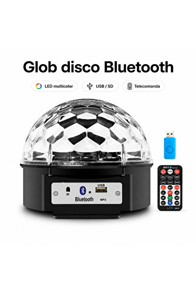 iTin Glob disco cu difuzor Bluetooth, redare USB/SD, proiector LED, telecomandă