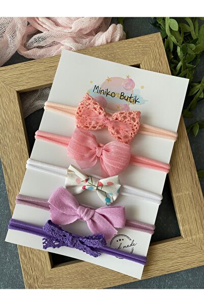 Miniko Butik Kız Bebek Pembe Fiyonklu Saç Bandı Seti 5'li