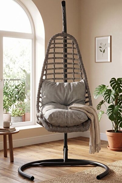 KalyonHome Relax Rattan Tek Kişilik Ayak Uzatmalı Balkon Bahçe Salıncağı