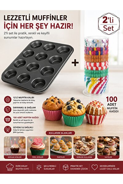 keyfisepet en keyifli sepet 2’li Muffin Seti – 12 Gözlü Muffin Kalıbı + 100 A...