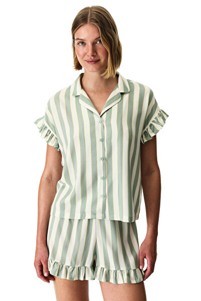 Penti Light Green Sage Striped Shirt and Shorts Pajama Set