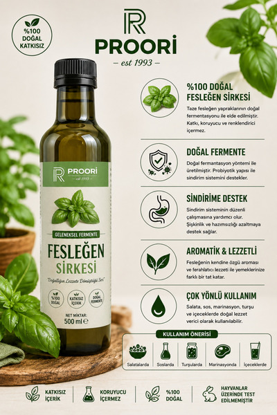 Proori Yıllanmış Fesleğen Sirkesi Doğal Fermente Canlı Sirke 500 ml