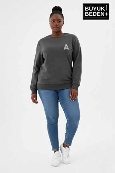 Süperlife Women's Large Size a Printed Crew Neck Slim Sweatshirt Spr26Bswk956-12