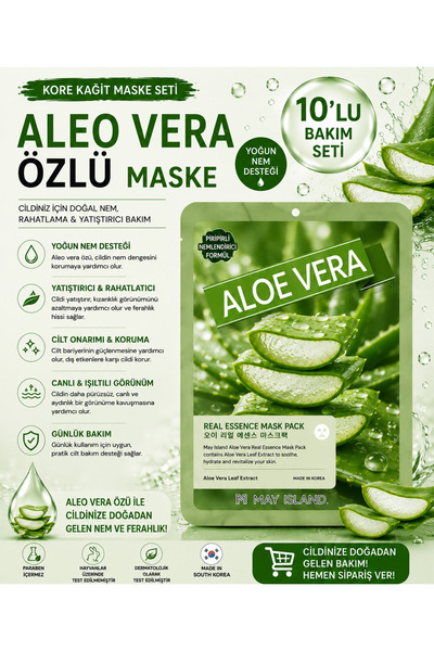May Island Aloe Vera Özlü Yüz Maskesi 10'lu (yumuşatır Ve Cilt Tonunu Eşitler)