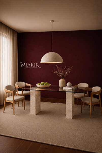MIARIK DESIGN Sahra-Traverten Mermer 2 Kare Sütun Ayaklı Yemek Masası