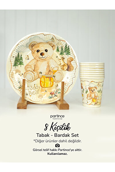 partince 8 Kişilik Teddy Bear Tema Tabak Bardak Set Kullan At Karton Tabak Ba...
