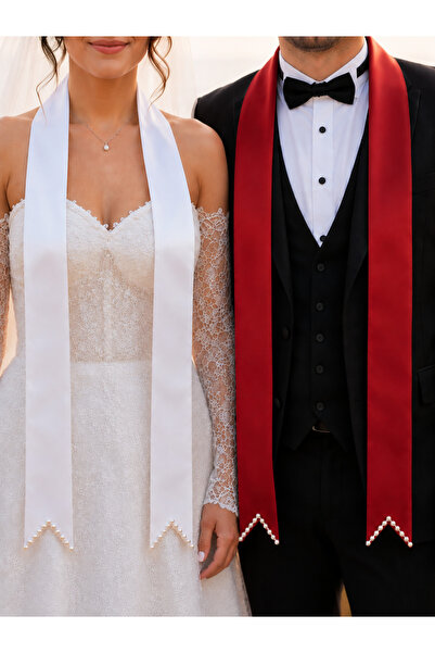 ecrin tuhafiye hobi Kırmızı Beyaz Incili Gelin Damat Takı Kurdelesi, Takı Kemeri