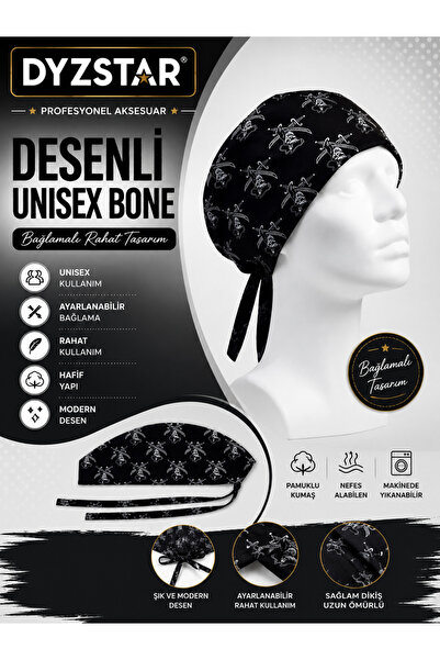 DYZSTAR Siyah Desenli Unisex Bağlamalı Pamuklu Bone Çalışma Bonesi Hemşire Do...