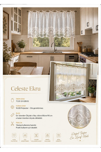 CASA NATURALE Keten üzerine süzene nakışlı panel perde pano kerem 7110-010-02...