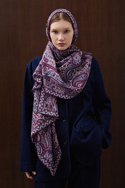 Parisa Purple Paisley Desen Yün İpek Şal