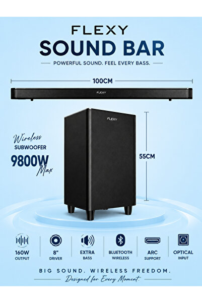 flexy Wireless Subwoofer – 9800W Max, 160W Output, 8" Driver, Extra Bass, Blu...