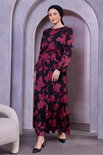 TRENDTESETTÜR KADIN FUŞYA KUŞAKLI ÇİÇEK DESENLİ ELBİSE T 4593