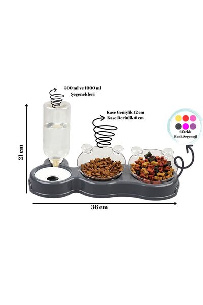 Glipet Çift Hazneli- 3' Lü Beslenme Mama Ve Su Kabı 500 ml 36*21*16 Cm