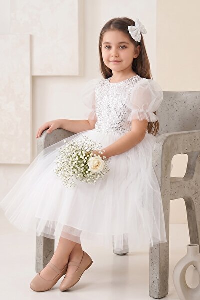 Mnk Baby&Kids Balon Kol Pul Payet Kız Çocuk Tütü Elbise M00751 BEYAZ