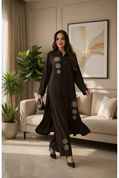 AZRA BUTİK Silver Embroidered Set Brown