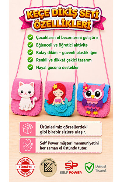 Self Power 3 lü Eğitici Keçe Dikiş Çanta Seti – Çocuklar İçin El Becerisi Geliştirici DIY Çanta Yapım Kiti