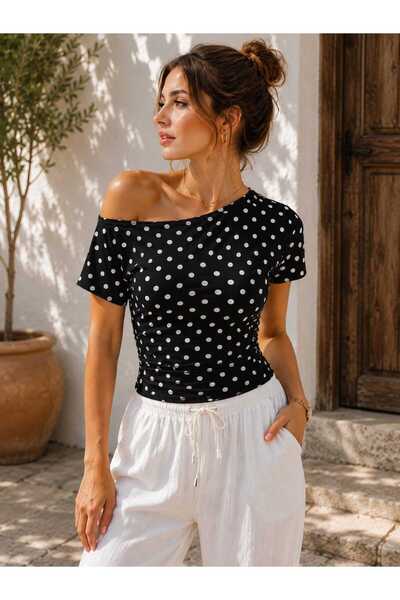 LG LAGULER Tricou premium cu decolteu barcă, cu buline, cu detaliu la talie, ...