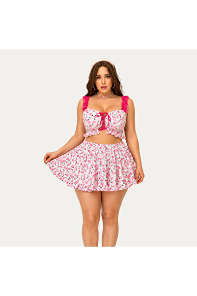 Sendal 2 Piece Babydoll Lingerie Set - Crop Top & Skirt - Pink - One Size