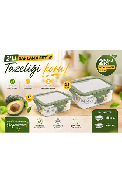 Herevin 2'li Açık Yeşil Plastik Saklama Kabı Seti 1.3 ve 2.2 Litre