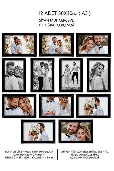 yhfoto 12 Cadre 30x40 - Rama Neagra - Rama MDF A3 - Rama Foto Multiplu