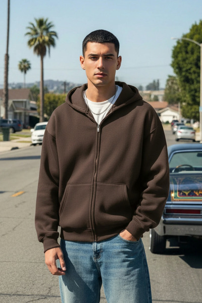 Runades Kahverengi 3 Iplık Erkek Fermuarlı Kapşonlu Sweatshirt Hırka