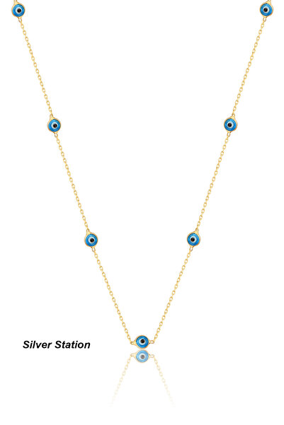 Silver Station Altın Renk 925 Ayar Gümüş Nazar Kolye - Nazar Boncuklu Gold Zi...