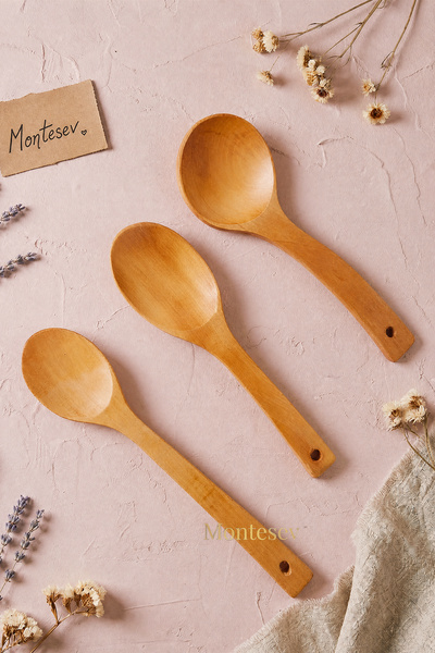 MONTESEV Wooden Wooden Kitchen Spoon Set 3 Pieces Beech, Boxwood and Bamboo W...