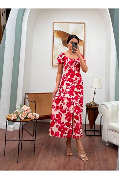 Moda Banuş Rochie roșie cu mâneci tip prințesă, cu flori și șliț frontal, cro...