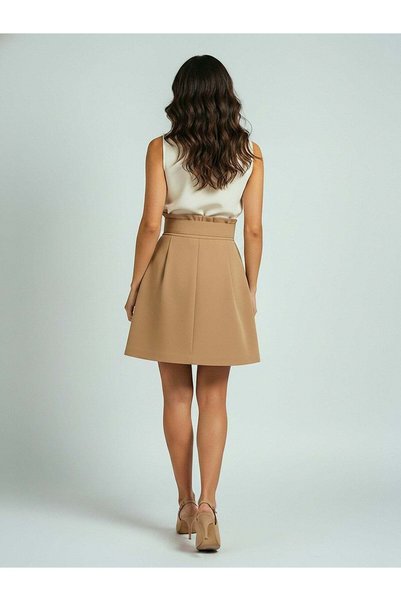 FARREN Camel Pleated Skirt – High Waist, Crepe Texture, Comfortable Fit |   Frn Line