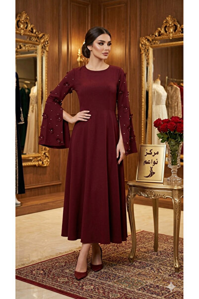 NAWAEIM Long Evening Dress Midi Length Soft Barbie Fabric Burgundy and Flesh ...