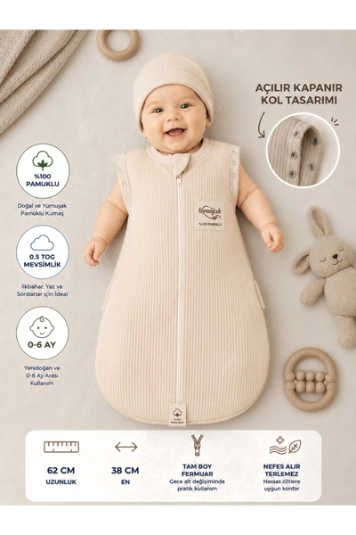 Tomuycuk Bej Kız / Erkek Bebek Uyku Tulumu%100 Pamuklu 0-6 Ay Fermuarlı Çıtçı...