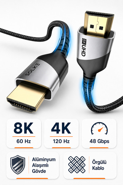 SOLKE HDMI 2.1 Kablo 2 m 8K 60Hz 4K 120Hz 48Gbps Örgülü Alüminyum