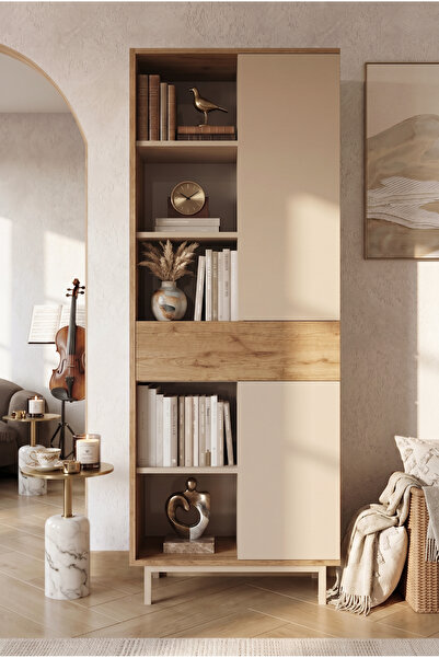 Yurudesign Sedra Kitaplık Raf Ahşap Ayaklı 189cm 2 Kapaklı Çekmeceli Kumsal-S...
